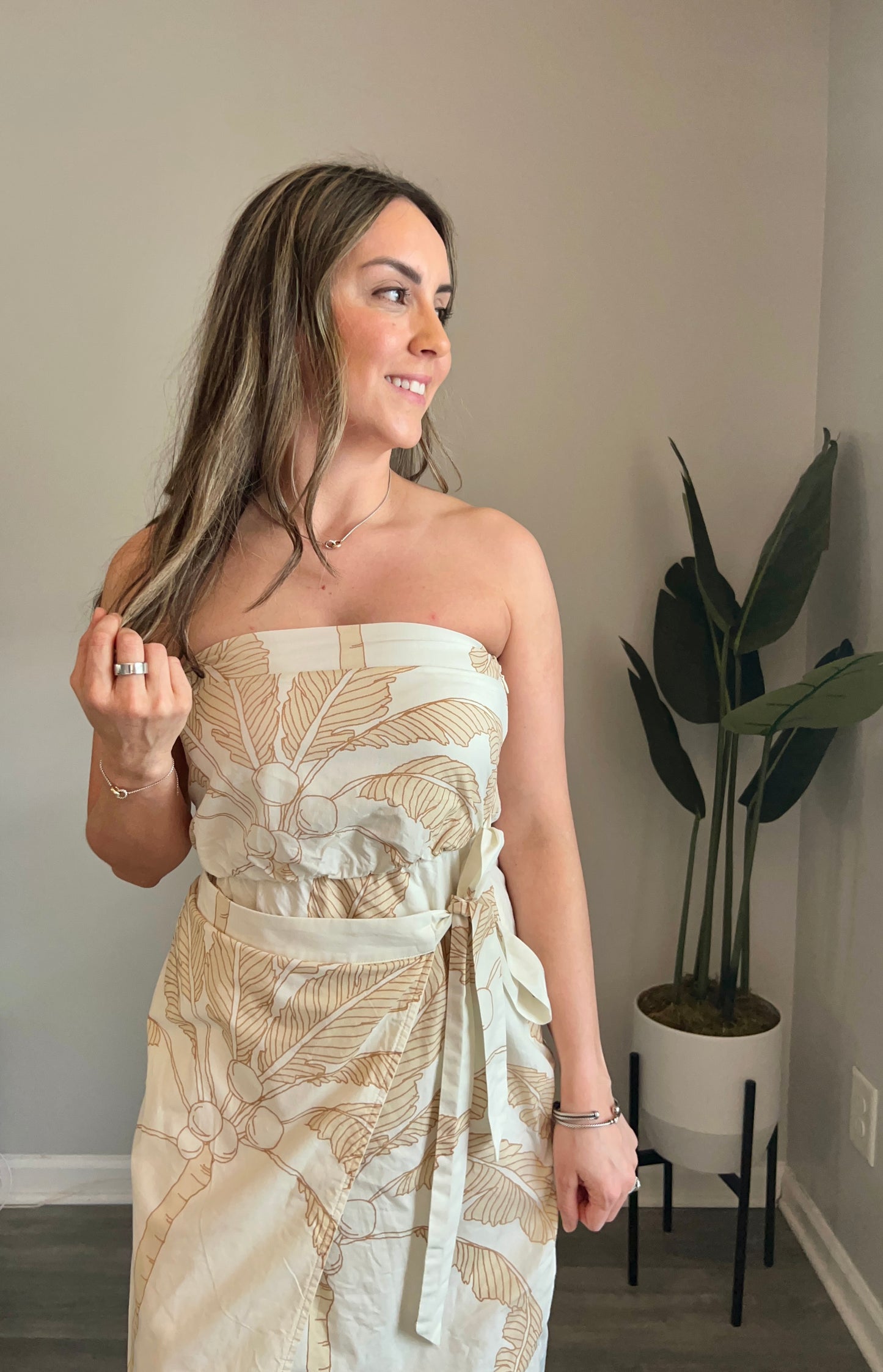 Palm Tree Print Tube Midi Dress
