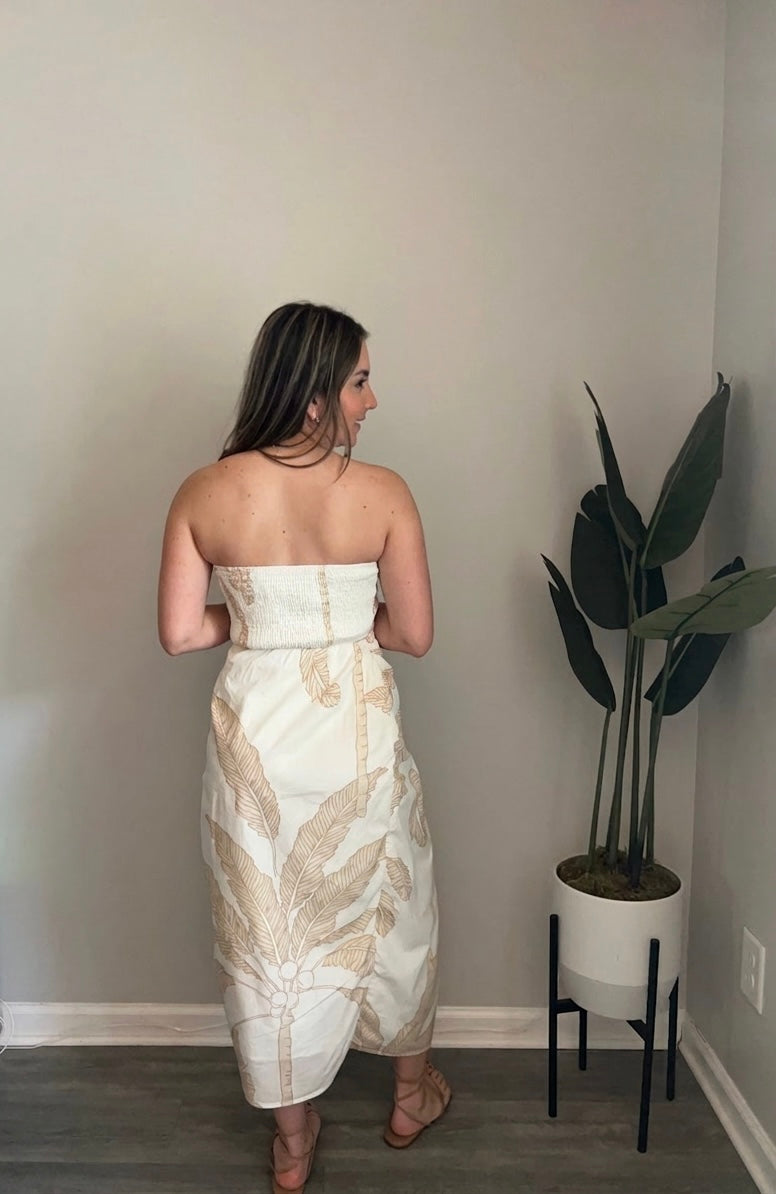 Palm Tree Print Tube Midi Dress