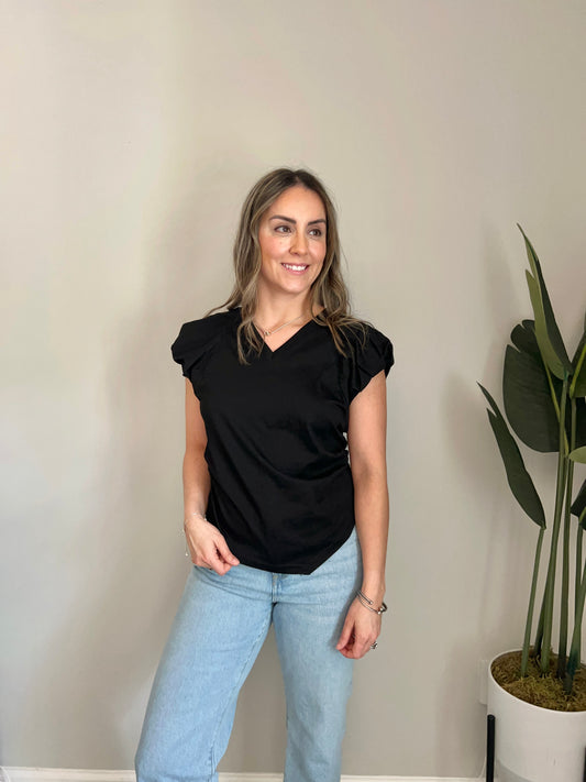 V-Neckline Raglan Cap Sleeve Ruche Shirt