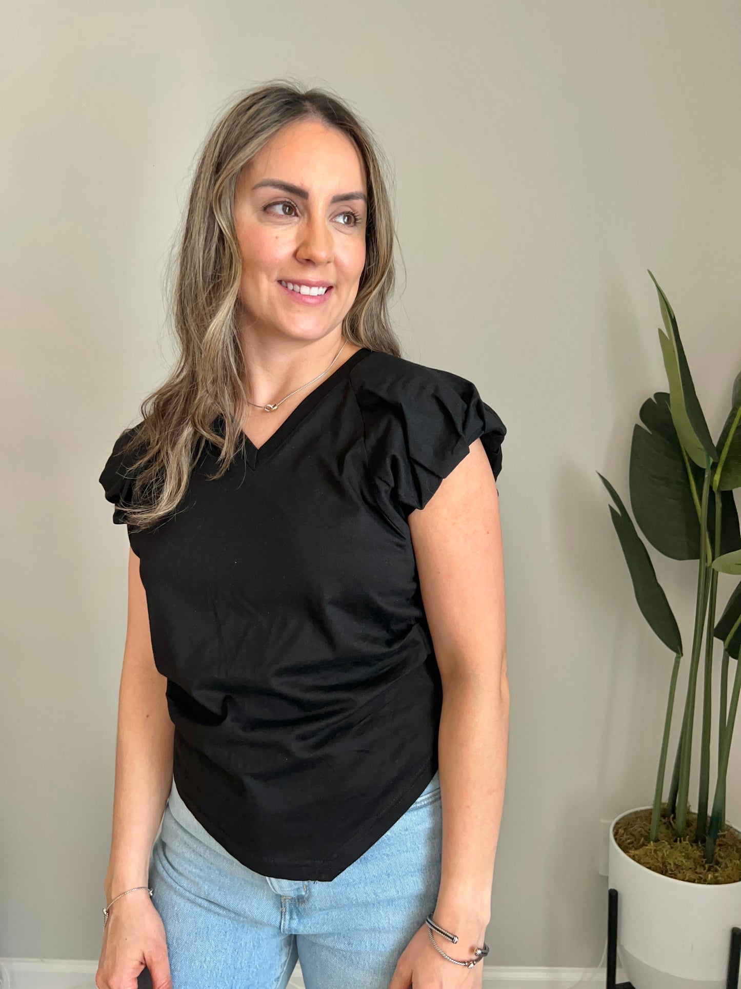 V-Neckline Raglan Cap Sleeve Ruche Shirt
