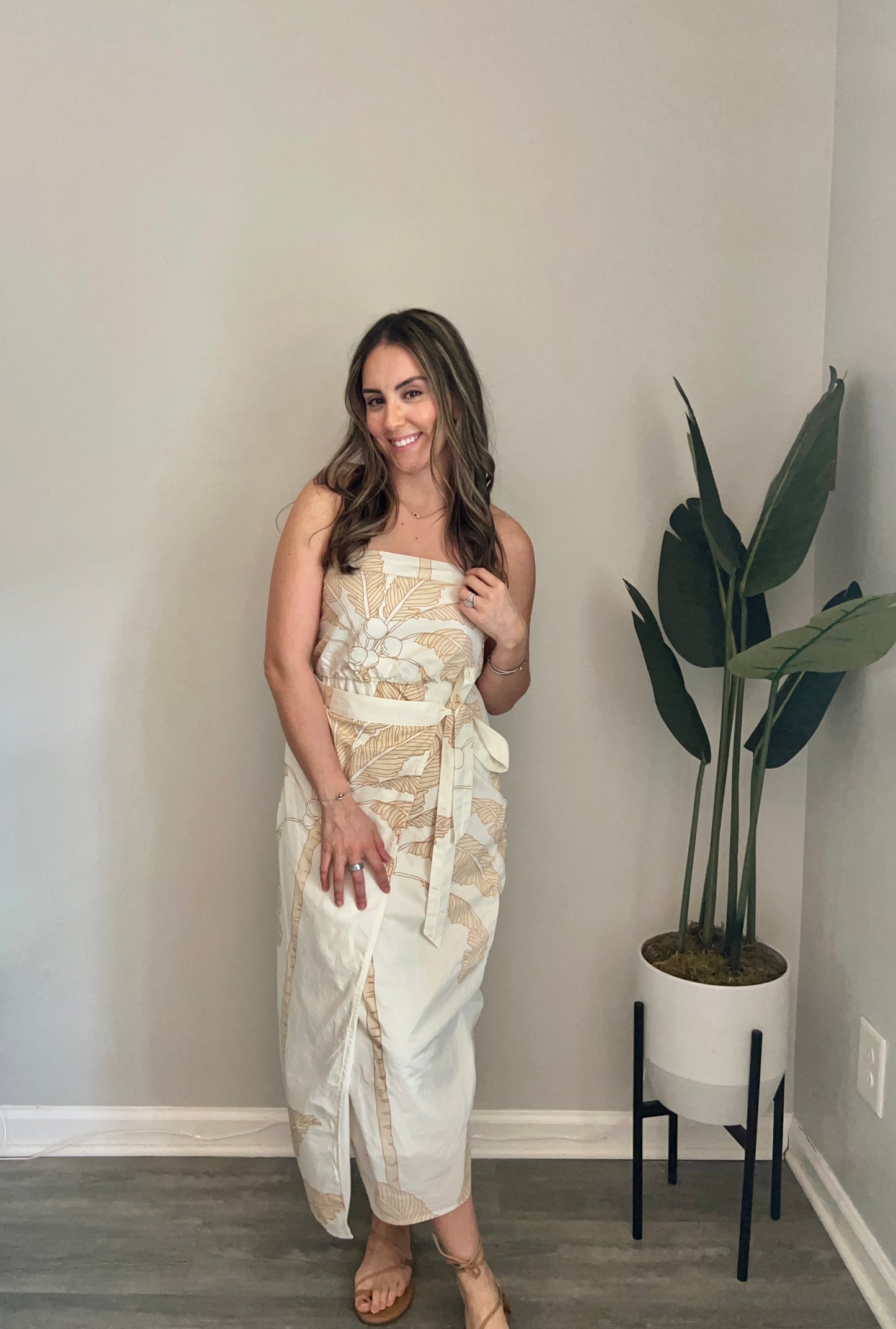 Palm Tree Print Tube Midi Dress