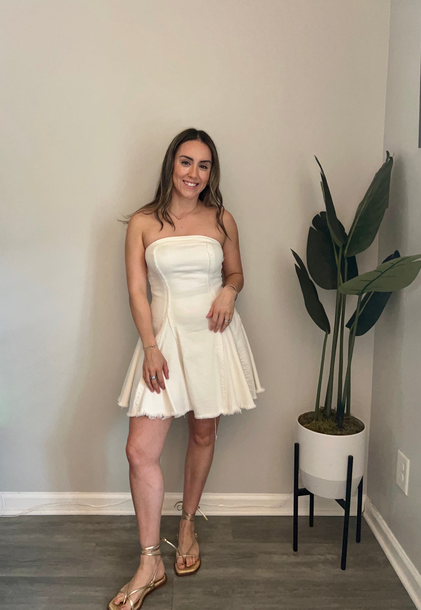 Raw Edge Seamed Strapless Denim Dress