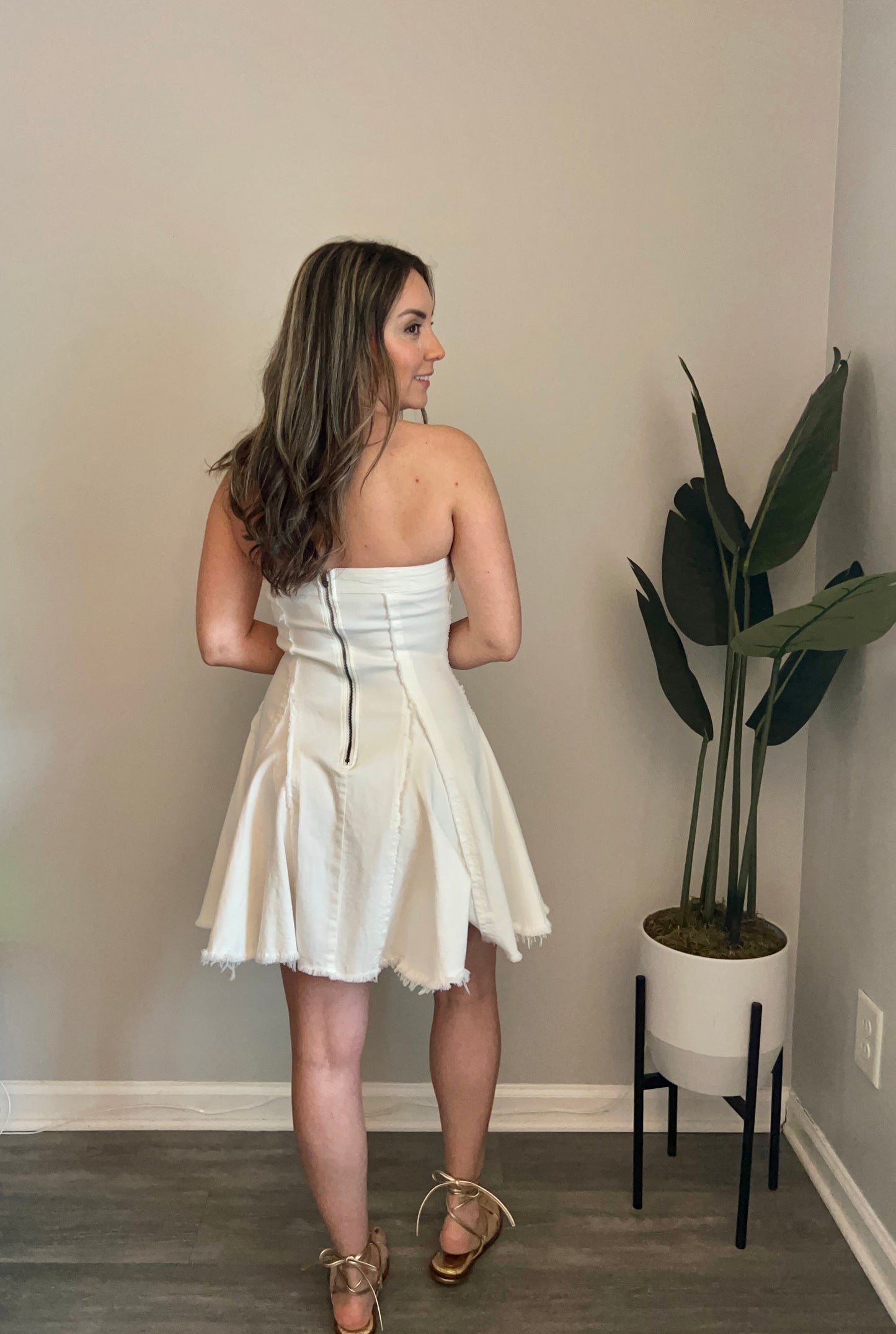 Raw Edge Seamed Strapless Denim Dress