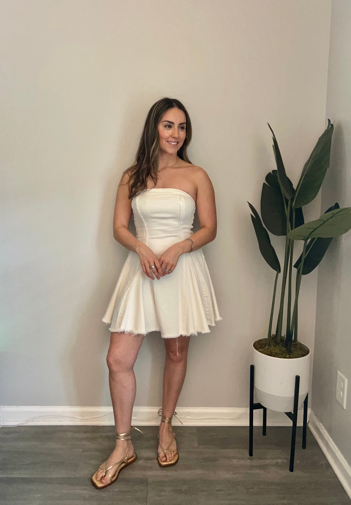 Raw Edge Seamed Strapless Denim Dress