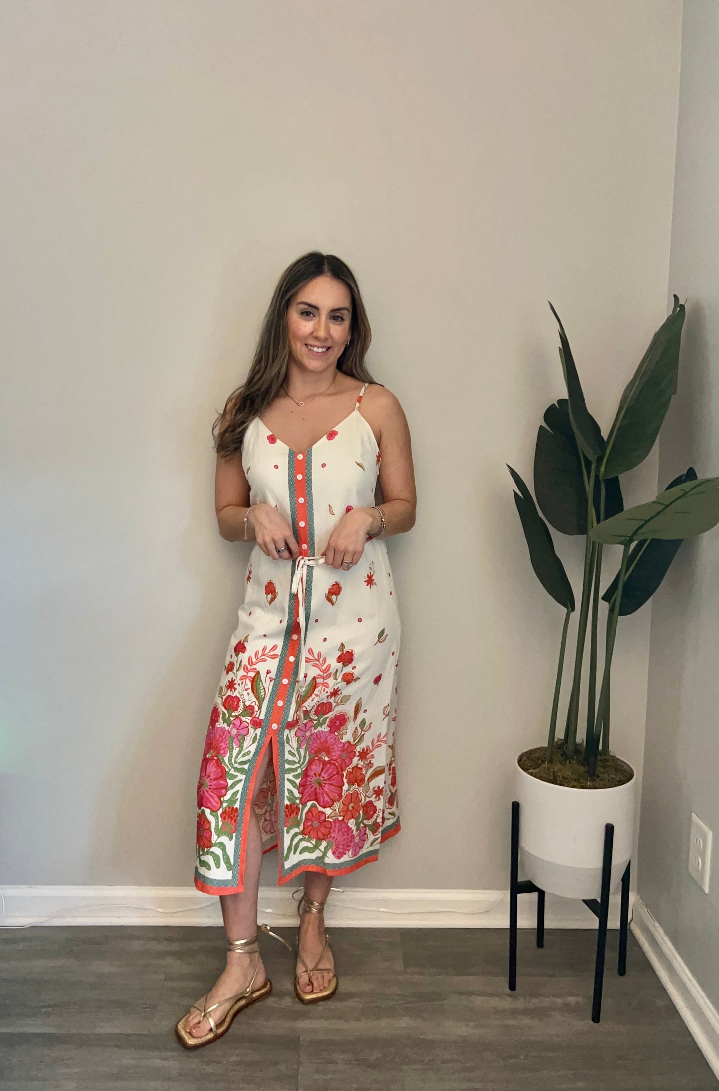 Off-White Dress with Coral Floral Print