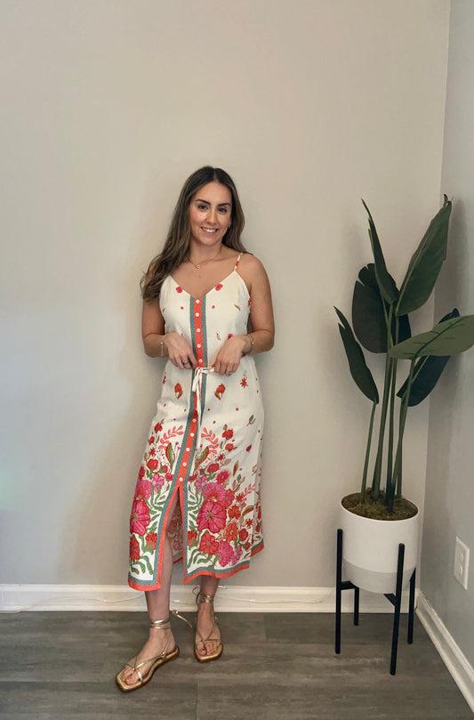 Off-White Dress with Coral Floral Print