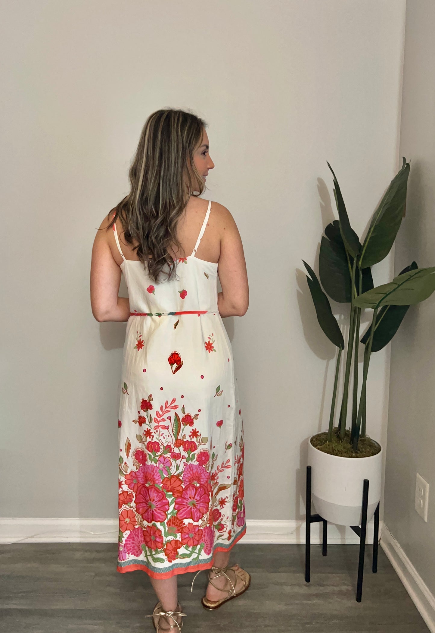 Off-White Dress with Coral Floral Print