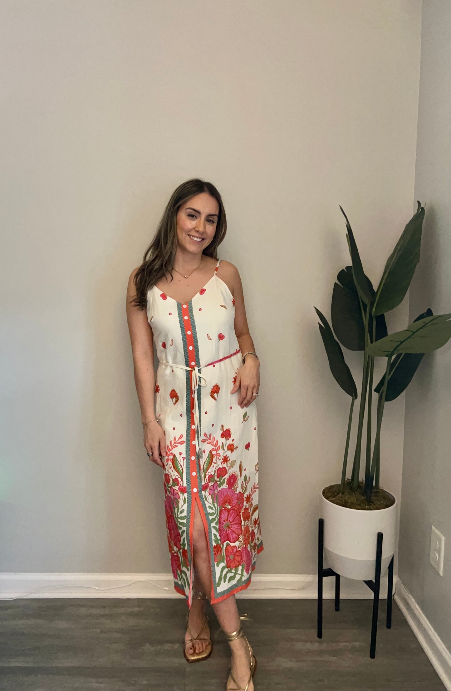 Off-White Dress with Coral Floral Print